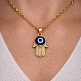 Colgante de Ojo Turco Azul con Mano de Fátima (Protección, Luz y Buena Suerte)