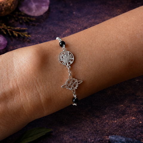 Pulsera Nudo de Bruja, Tetragramatón y Turmalina Negra en Plata de Ley 925 – Triple Protección ACTIVADA (Protección y Defensa Espiritual)