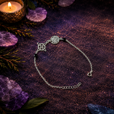 Pulsera Nudo de Bruja, Tetragramatón y Turmalina Negra en Plata de Ley 925 – Triple Protección ACTIVADA (Protección y Defensa Espiritual)