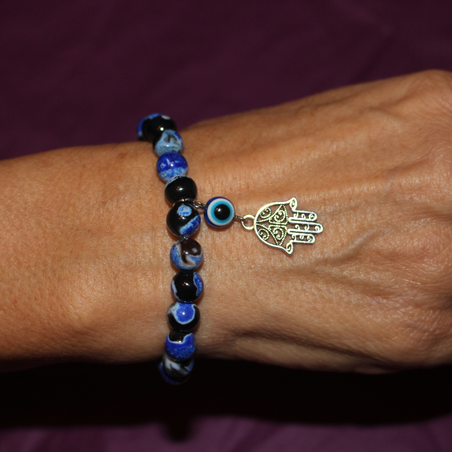 Pulsera Ojo Turco con Mano de Fátima 6 mm (Protección y Buena Suerte)