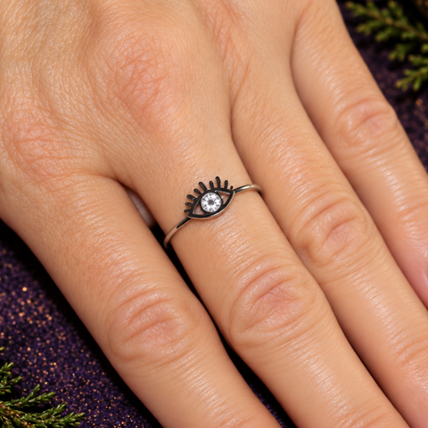 Anillo Ajustable Plateado Ojo Turco con Circonitas (Protección y Buena Suerte)