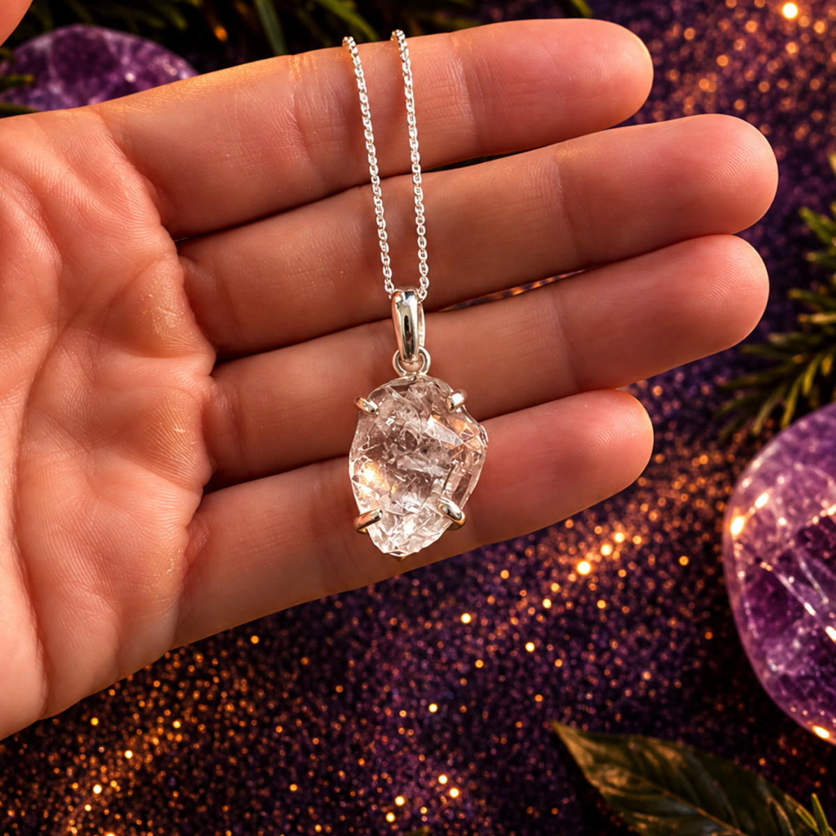 Colgante Diamante de Herkimer Natural 25 mm en Plata de Ley 925 – ACTIVADO (Energía, Claridad y Despertar Espiritual)