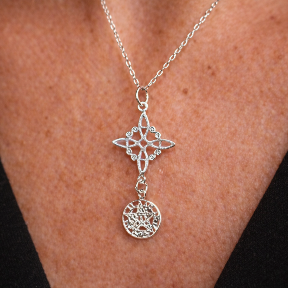 Witch's Knot and Tetragrammaton Pendant in 925 Sterling Silver - Double Protection ACTIVATED (Protection and Spiritual Power)