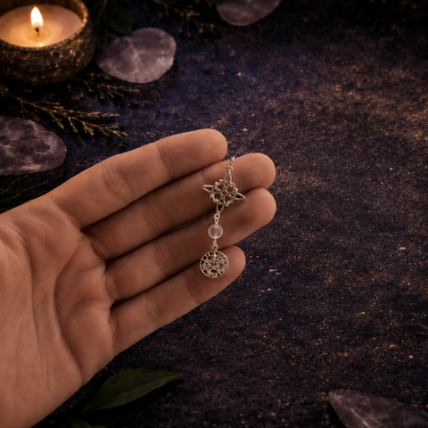 Colgante Triple Protección en Plata de Ley 925 – Nudo de Bruja, Tetragramatón y Mineral Natural ACTIVADO (Protección Total y Poder Espiritual)
