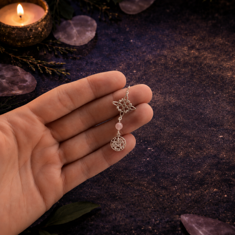 Colgante Triple Protección en Plata de Ley 925 – Nudo de Bruja, Tetragramatón y Mineral Natural ACTIVADO (Protección Total y Poder Espiritual)