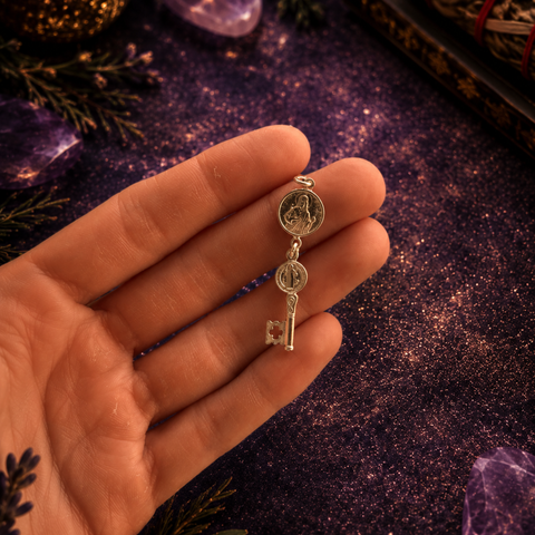 Colgante San Judas Tadeo y Llave de San Benito en Plata de Ley 925 – Doble Protección ACTIVADO (Fe, Apertura y Poder Espiritual)
