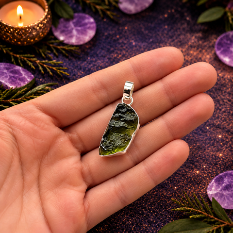 Colgante de Moldavita Natural Engarzada en Plata de Ley 925 – TAMAÑO M/XL – ACTIVADO (Transformación y Despertar Espiritual)
