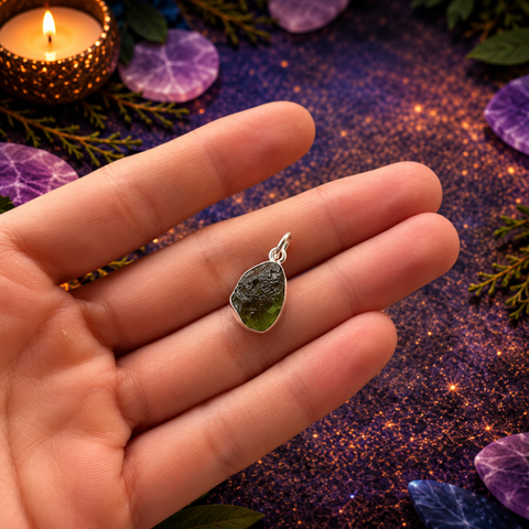 Colgante de Moldavita Natural Engarzada en Plata de Ley 925 – TAMAÑO M/XL – ACTIVADO (Transformación y Despertar Espiritual)