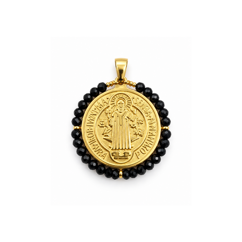 Collar Medalla de San Benito con Turmalina Negra 4 mm en Acero Dorado – ACTIVADO (Doble Protección, Mal de Ojo y Escudo Energético)