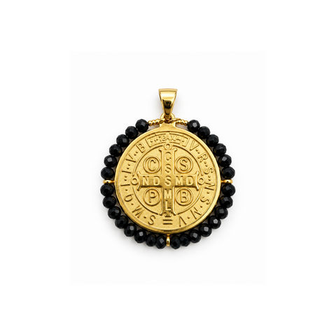 Collar Medalla de San Benito con Turmalina Negra 4 mm en Acero Dorado – ACTIVADO (Doble Protección, Mal de Ojo y Escudo Energético)