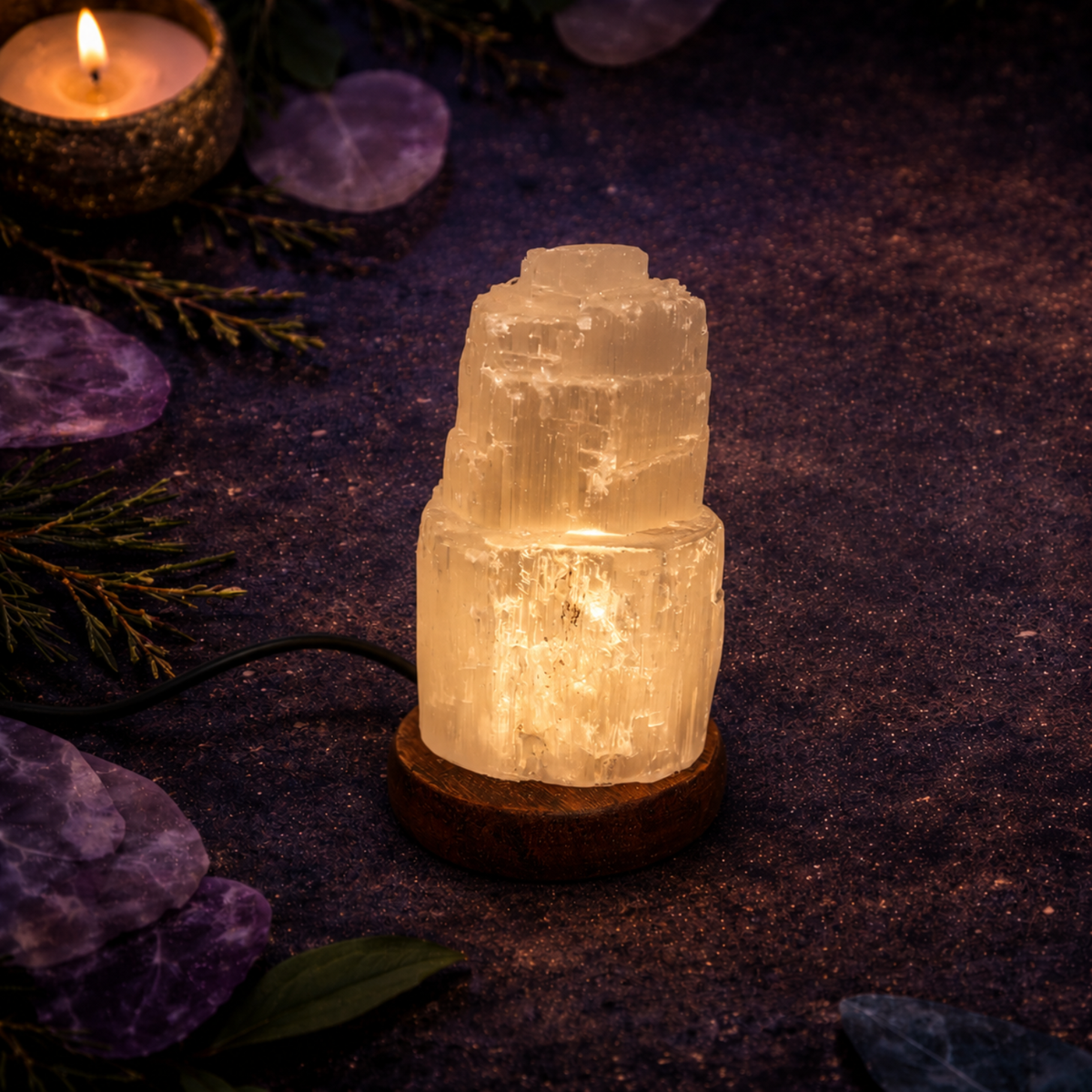 Lámpara de Selenita Natural USB LED Multicolor (Armonía, Purificación y Bienestar Energético)