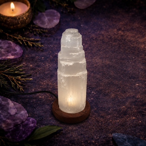 Lámpara de Selenita Natural USB LED Multicolor (Armonía, Purificación y Bienestar Energético)