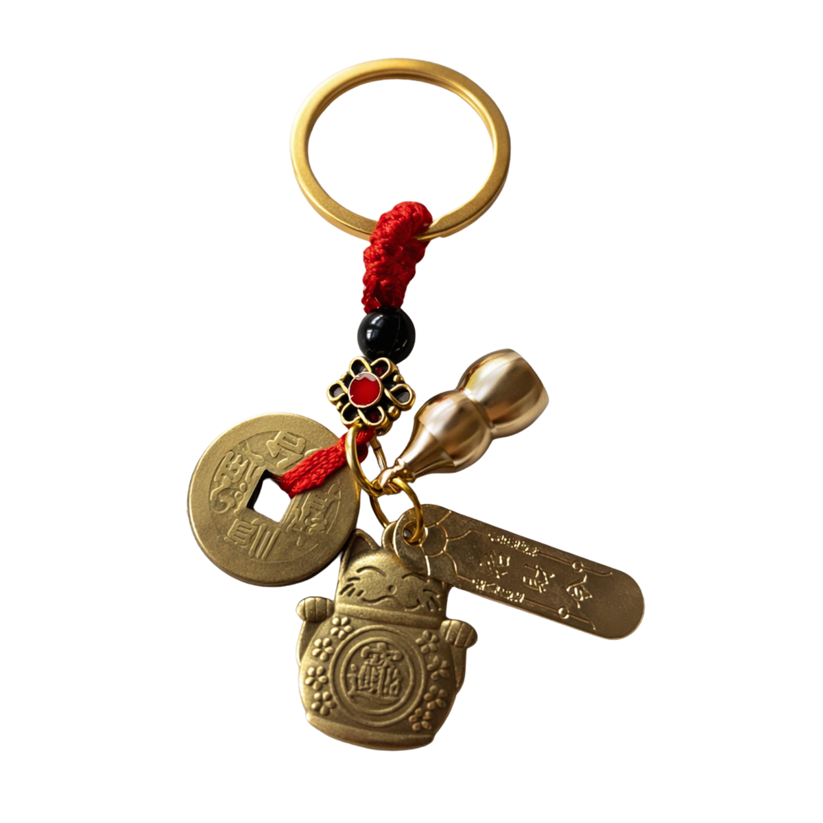 Feng Shui Lucky Keychain with Maneki Neko Cat, Chinese Coin and Wu Lou (Protection, Abundance and Prosperity)