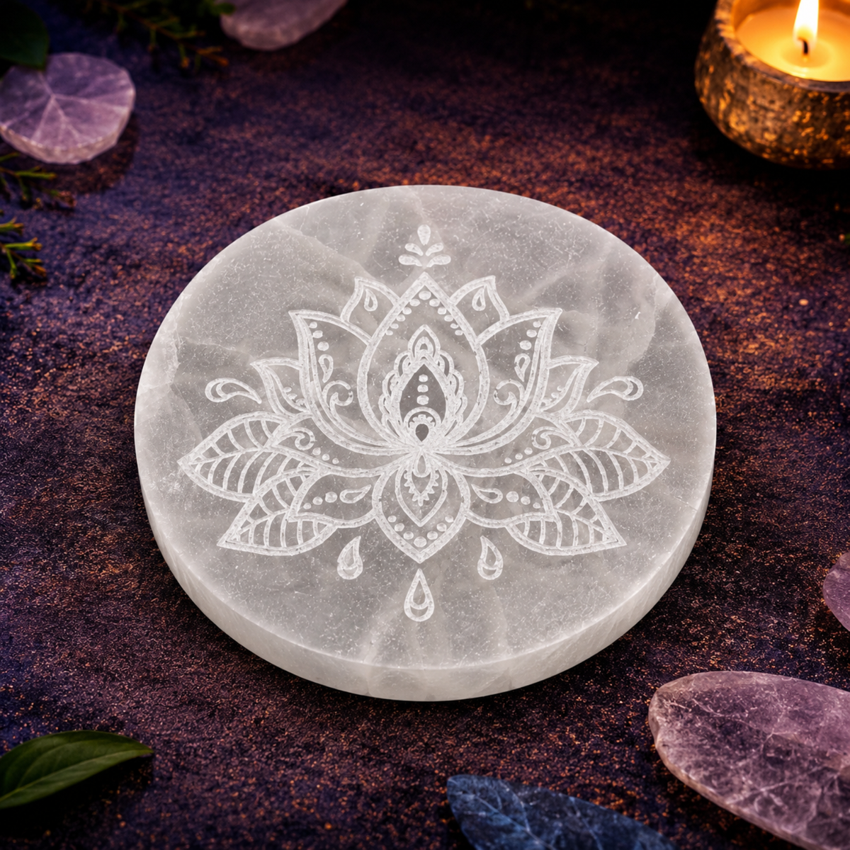 Placa de Selenita Natural Flor de Loto - 10 x 10 cm (Purificación y Recarga Energética)
