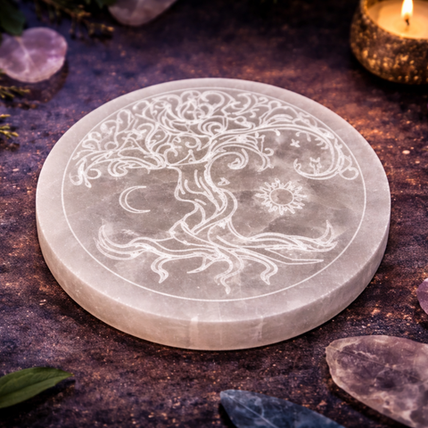 Plato de Selenita Natural Árbol de la Vida - 10 x 10 cm (purificación y recarga energética)