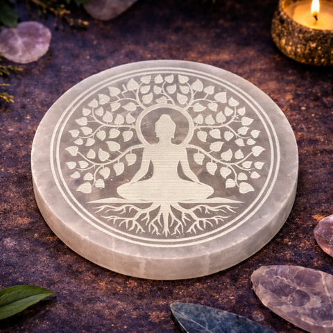 Plato de Selenita Natural Árbol de la Vida y Buda - 10 x 10 cm (purificación y recarga energética) (Copia)