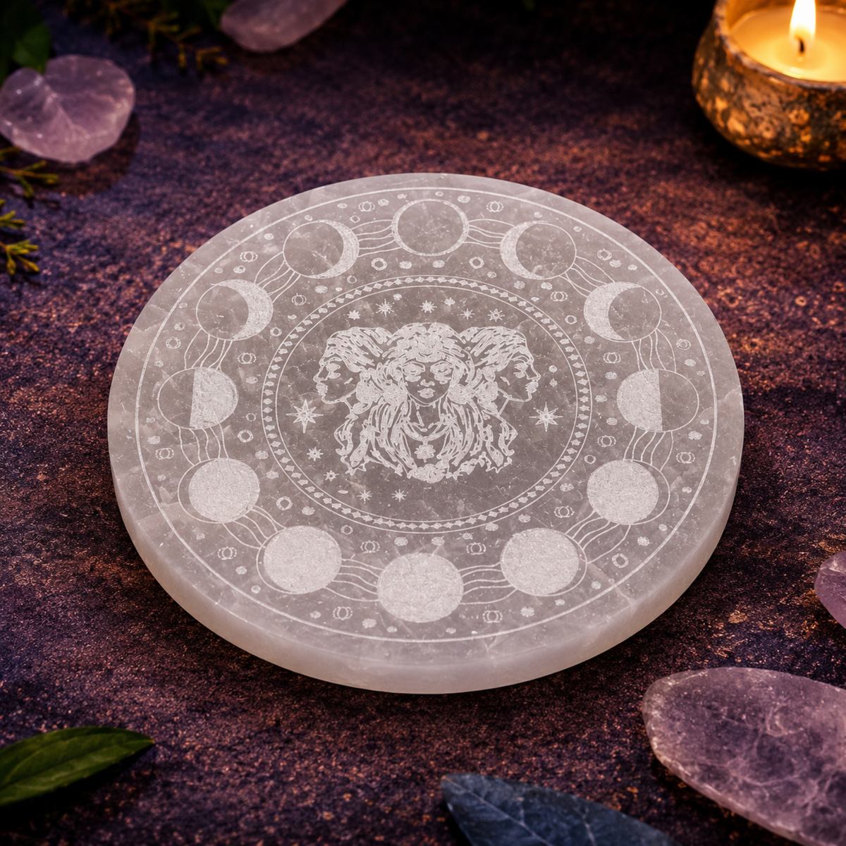 Plato de Selenita Natural Diosa Lunar - 10 x 10 cm (Purificación y Recarga Energética)