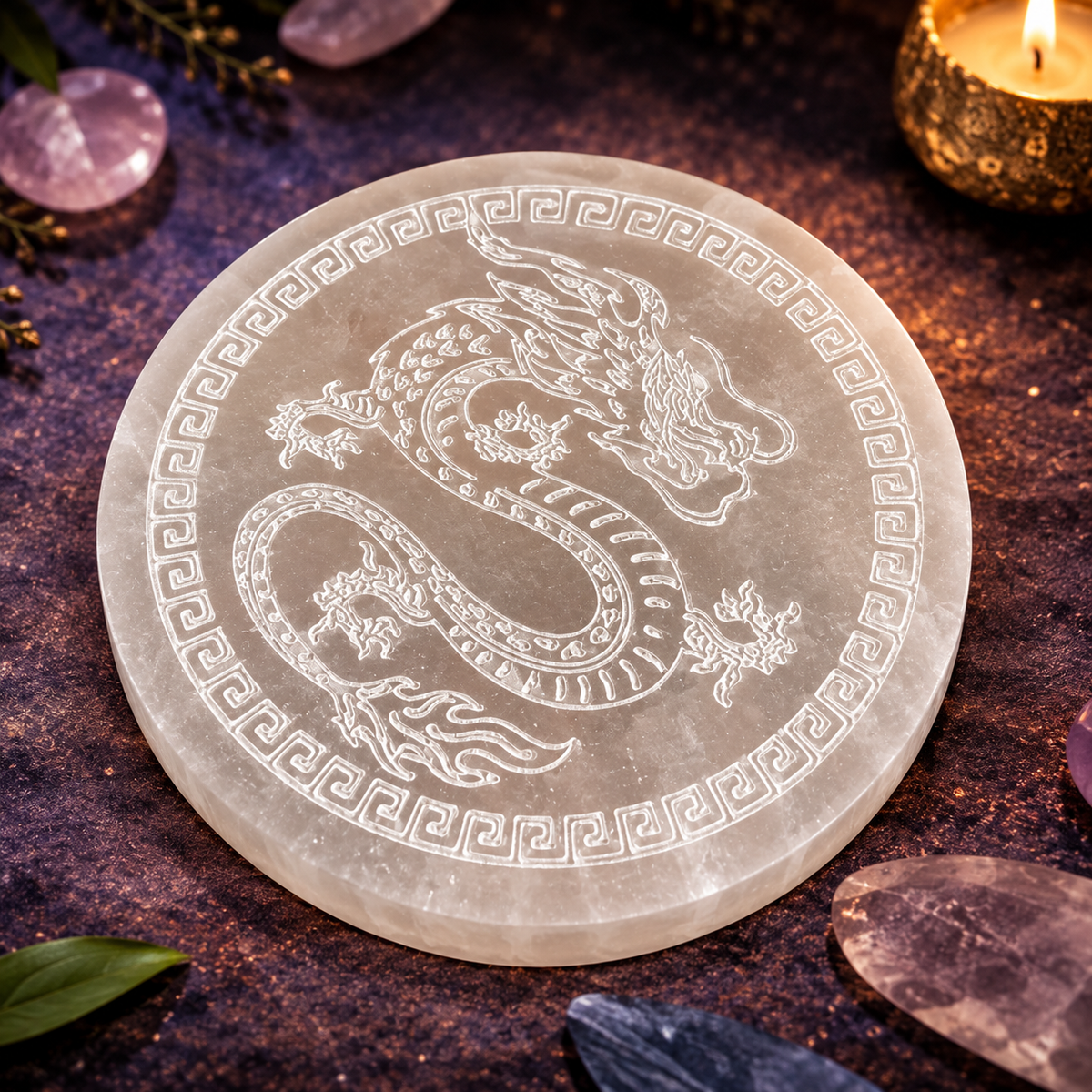 Plato de Selenita Natural Dragón de Fuego - 10 x 10 cm (Suerte, Abundancia y Prosperidad)