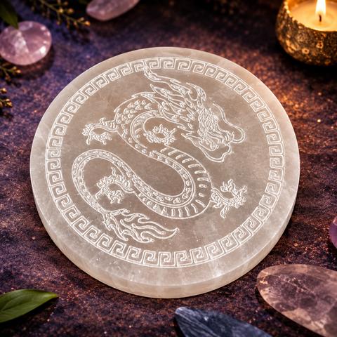 Plato de Selenita Natural Dragón de Fuego - 10 x 10 cm (Suerte, Abundancia y Prosperidad)