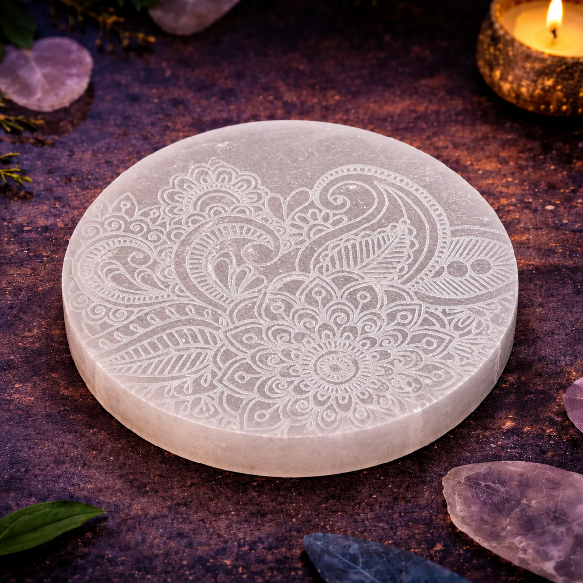 Plato de Selenita Natural Mandala Floral - 10 x 10 cm (Purificación y Recarga Energética)