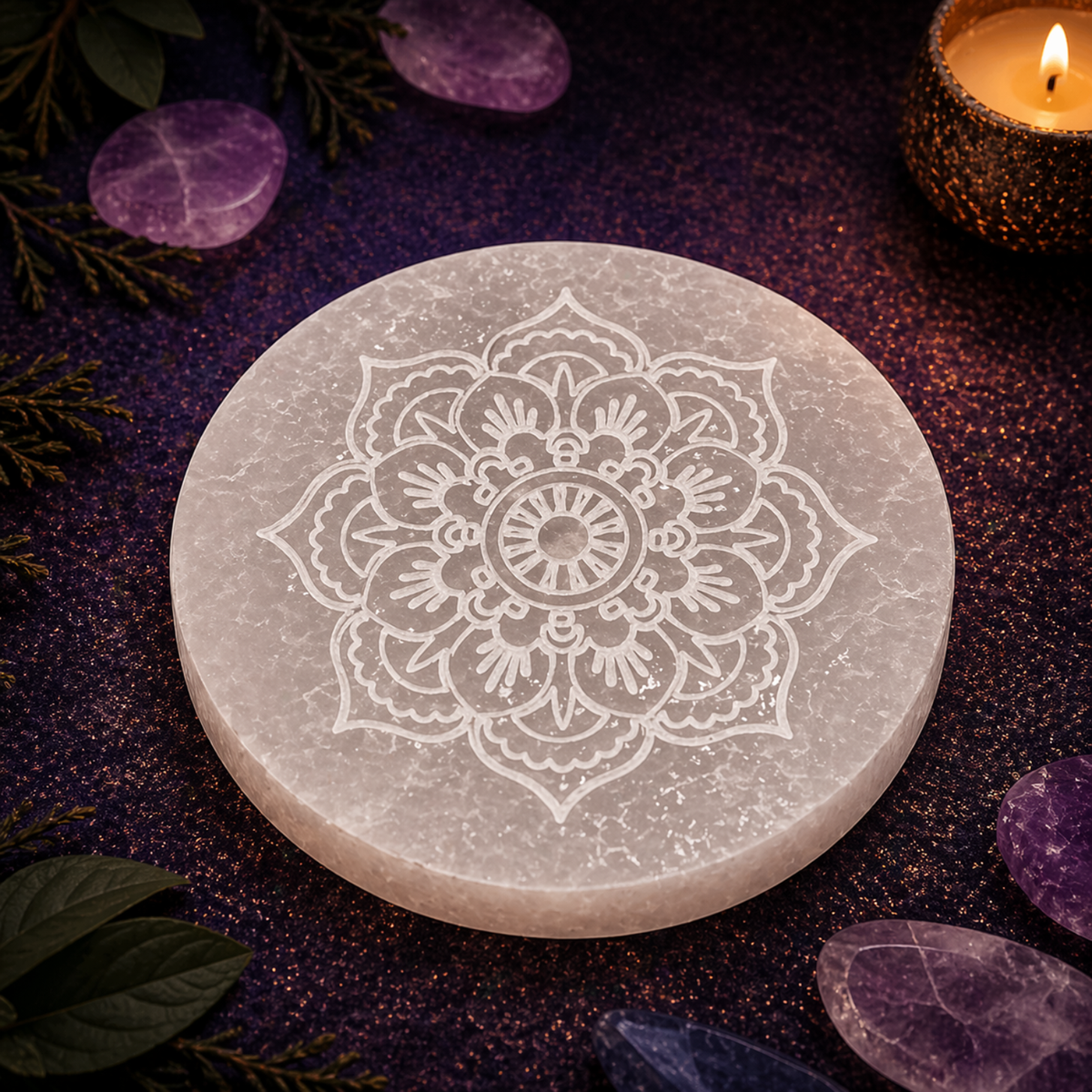 Plato de Selenita Natural con símbolo Flor de Mandala – 10 × 10 cm (Purificación, Equilibrio y Energía Espiritual)