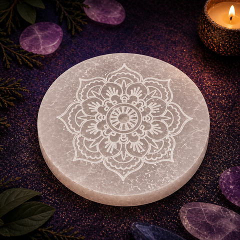 Plato de Selenita Natural con símbolo Flor de Mandala – 10 × 10 cm (Purificación, Equilibrio y Energía Espiritual)