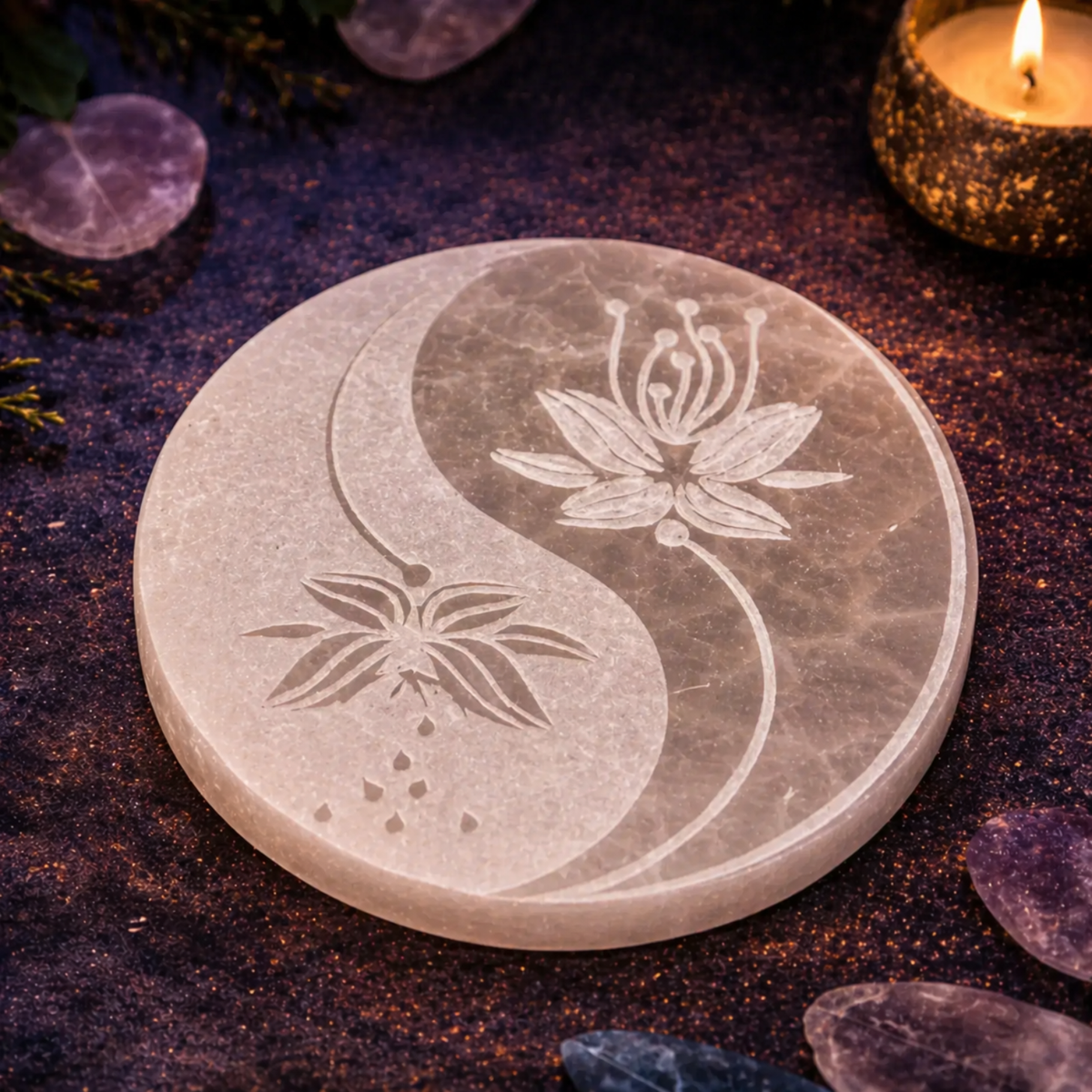Plato de Selenita Natural con símbolo Ying Yang – 10 × 10 cm (Purificación, Equilibrio y Armonía Energética)