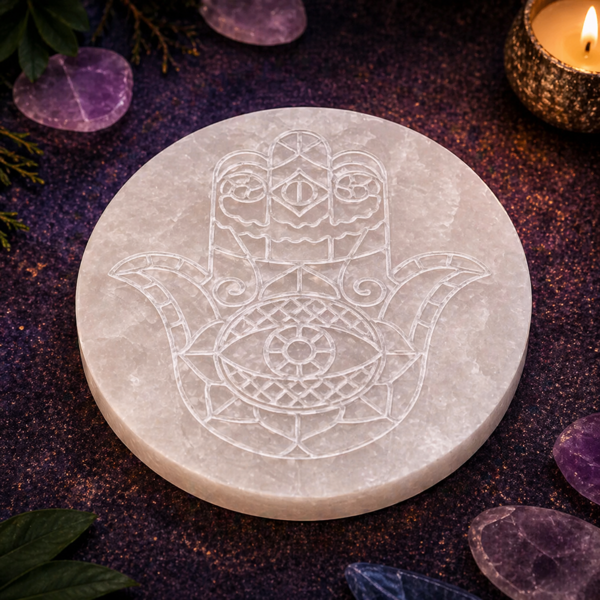 Plato de Selenita Natural con Mano de Fátima – 10 × 10 cm (Purificación, Equilibrio y Fe)