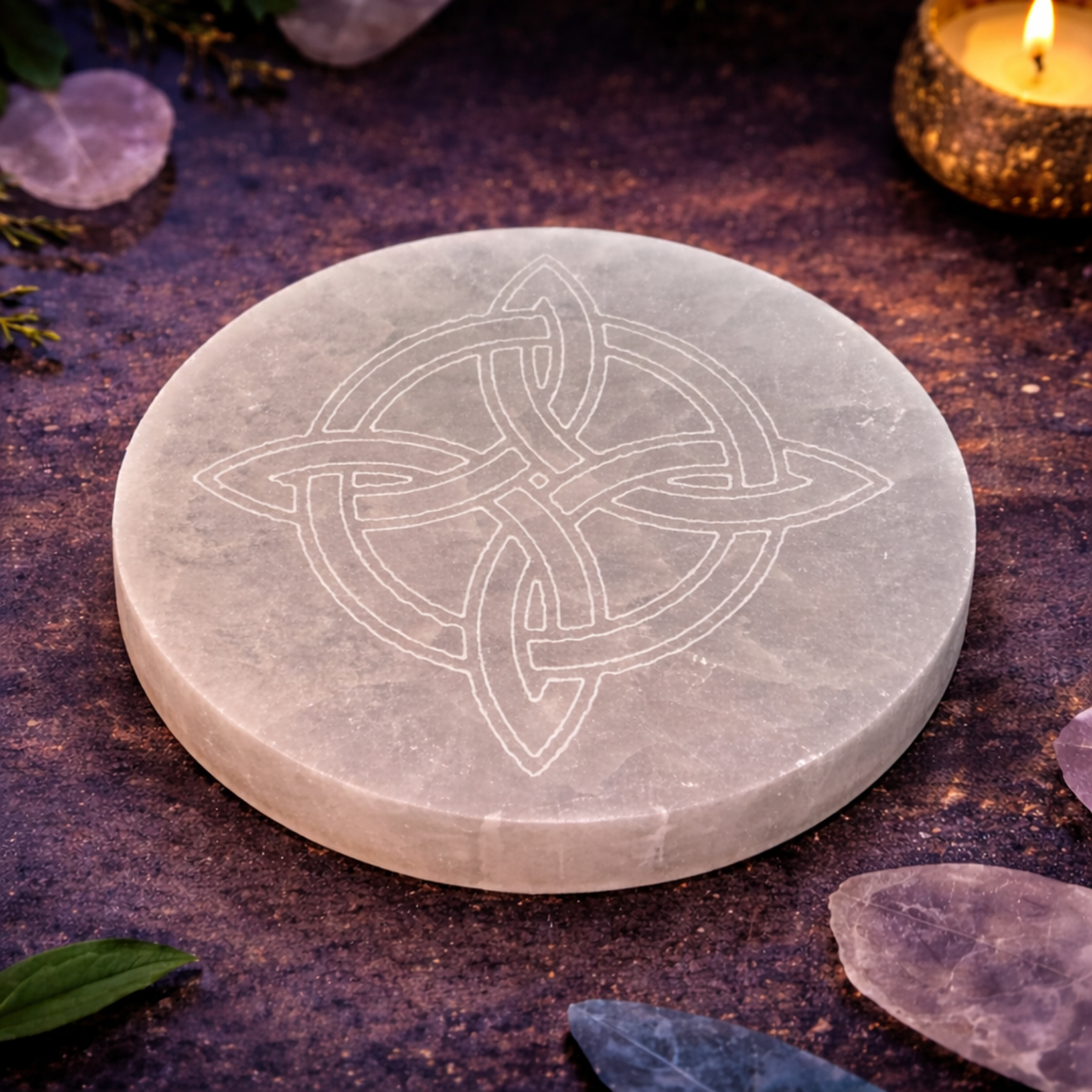 Plato de Selenita Natural con Nudo de Bruja – 10 × 10 cm (Protección y Limpieza Energética)