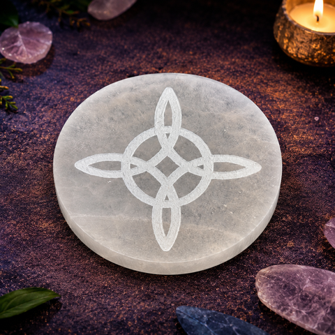 Plato de Selenita Natural con Nudo de Bruja – 10 × 10 cm (Protección y Limpieza Energética)