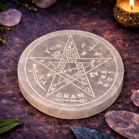 Plato de Selenita Natural con Tetragramatón – 10 × 10 cm (Purificación y Protección Sagrada)