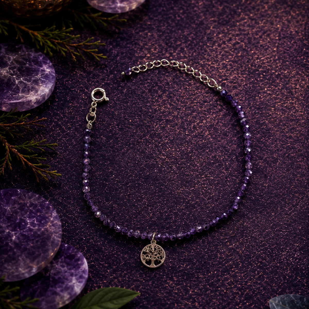 Pulsera Facetada de Amatista 3 mm con Árbol de la Vida en Plata de Ley 925 – ACTIVADA (Salud, Bienestar y Equilibrio)