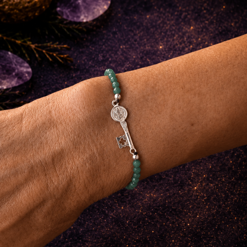 Pulsera Facetada de Aventurina Verde 3 mm con San Benito en Plata de Ley 925 – ACTIVADA (Prosperidad, Protección y Apertura de Caminos)