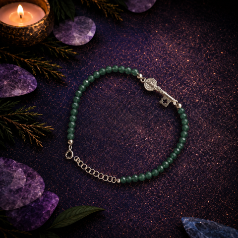 Pulsera Facetada de Aventurina Verde 3 mm con San Benito en Plata de Ley 925 – ACTIVADA (Prosperidad, Protección y Apertura de Caminos)