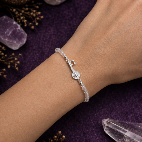 Pulsera Facetada de Cuarzo Blanco 3mm con San Benito en Plata de Ley 925 – ACTIVADA (Protección y Equilibrio Espiritual)
