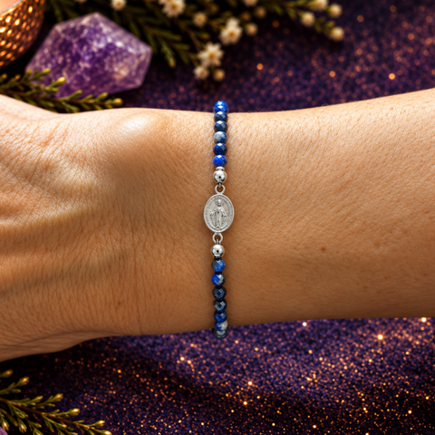 Pulsera Facetada de Lapislázuli 3 mm con Virgen Milagrosa en Plata de Ley 925 – ACTIVADA (Protección, Intuición y Claridad)