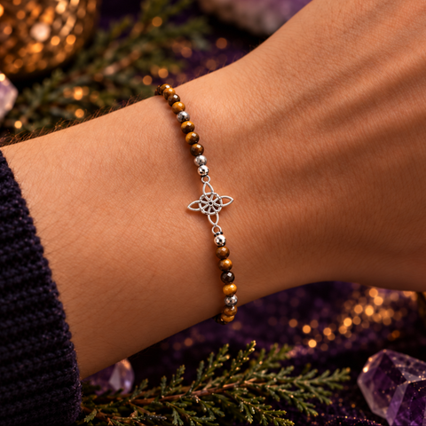 Pulsera Facetada de Ojo de Tigre 3 mm con Nudo de Bruja en Plata de Ley 925 – ACTIVADA (Protección, Confianza y Fuerza Interior)