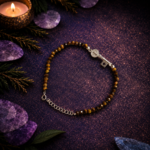 Pulsera Facetada de Ojo de Tigre 3mm con San Benito en Plata de Ley 925 – ACTIVADA (Protección, Fuerza y Confianza)