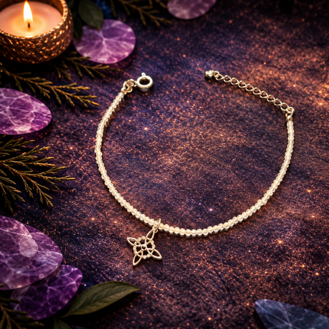 Pulsera Facetada de Piedra Luna 2mm con Nudo de Bruja en Plata de Ley 925  – ACTIVADA (Protección, Intuición y Equilibrio)