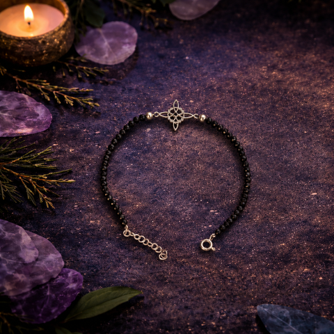 Pulsera Facetada de Turmalina Negra con Nudo de Bruja en Plata de Ley 925 – ACTIVADA (Protección y Defensa Energética)