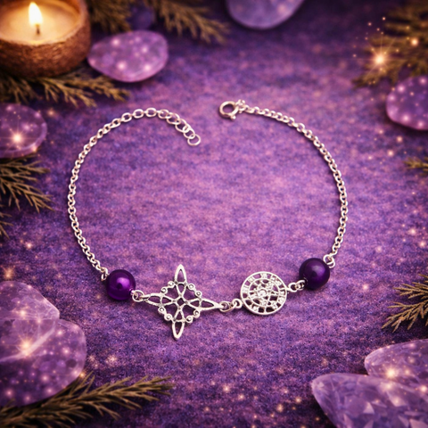 Pulsera Nudo de Bruja, Tetragramatón y Amatista en Plata de Ley 925 – Triple Protección ACTIVADA (Protección y Conexión Espiritual)
