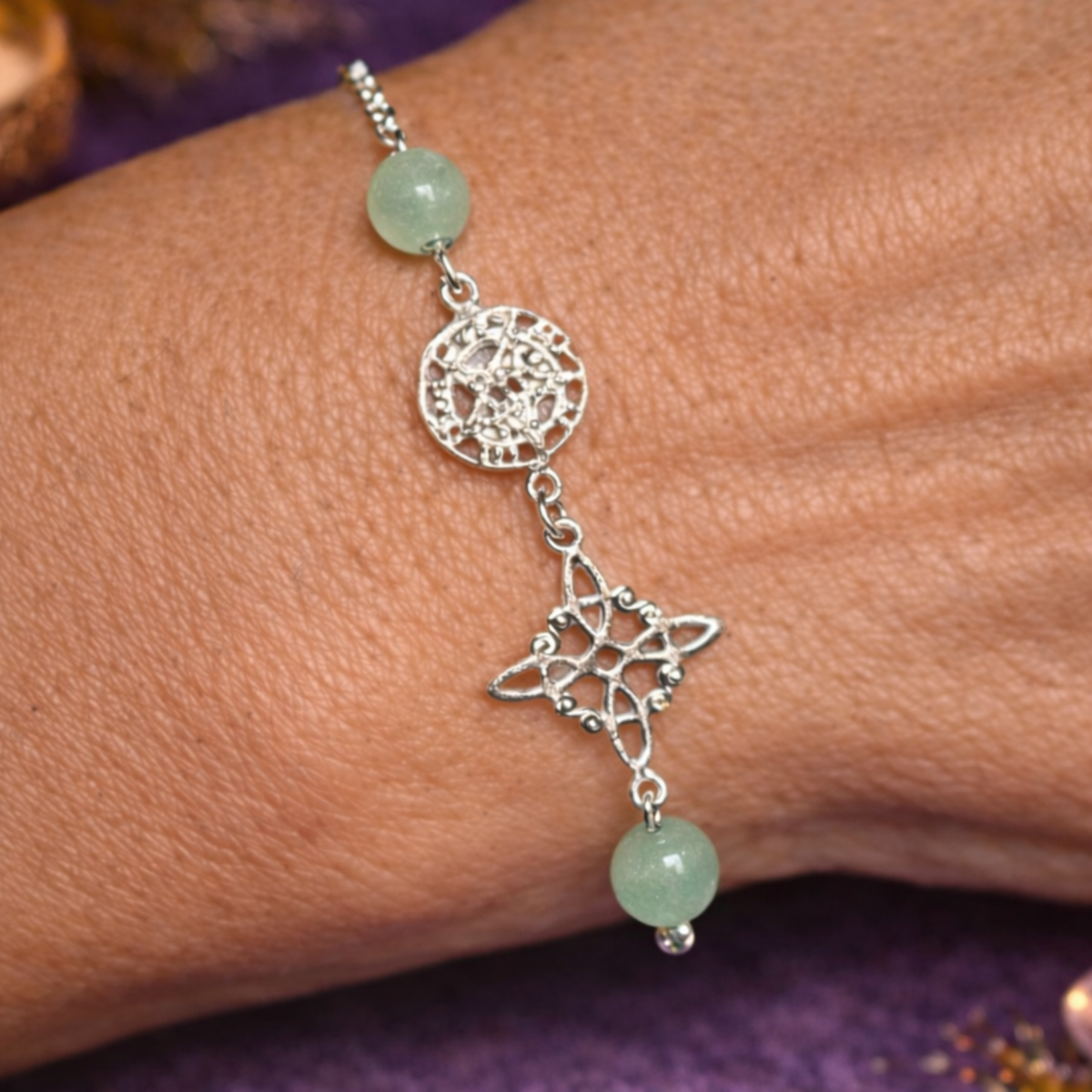 Pulsera Nudo de Bruja, Tetragramatón y Aventurina Verde en Plata de Ley 925 – Triple Protección ACTIVADA (Prosperidad y Equilibrio Energético)