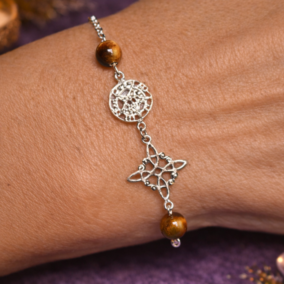Pulsera Nudo de Bruja, Tetragramatón y Ojo de Tigre en Plata de Ley 925 – Triple Protección ACTIVADA (Protección y Fuerza Interior)