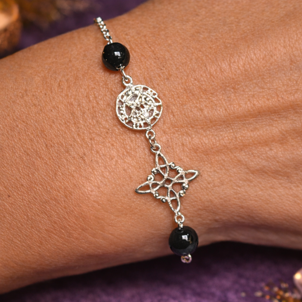 Pulsera Nudo de Bruja, Tetragramatón y Turmalina Negra en Plata de Ley 925 – Triple Protección ACTIVADA (Protección y Conexión Espiritual)