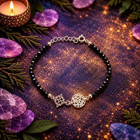 Pulsera Triple Protección de Turmalina Negra Facetada 3 mm con Nudo de Bruja y Tetragramatón en Plata de Ley 925 – ACTIVADA (Protección Suprema, Mal de Ojo y Escudo Energético)