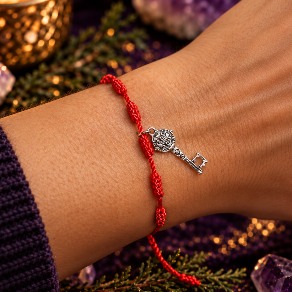 Pulsera de Hilo Rojo de 7 Nudos con Llave de San Benito – ACTIVADA (Protección, Buena Suerte y Apertura de Caminos)