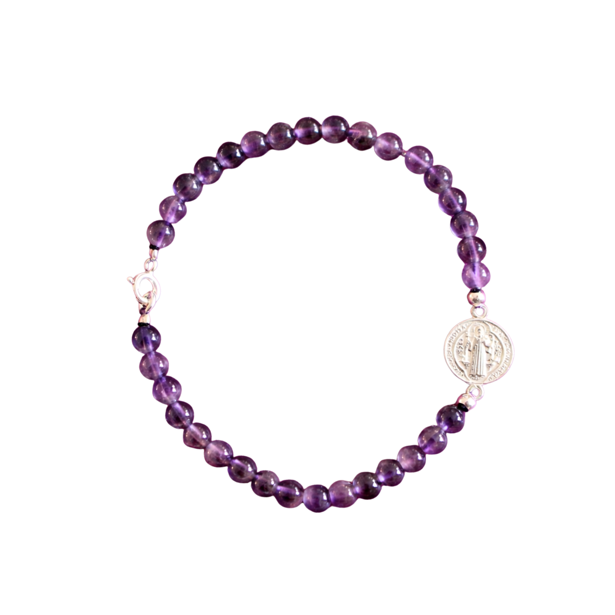 Pulsera de Amatista y San Benito en Plata de Ley 925 ACTIVADA (Protección y Serenidad Espiritual)