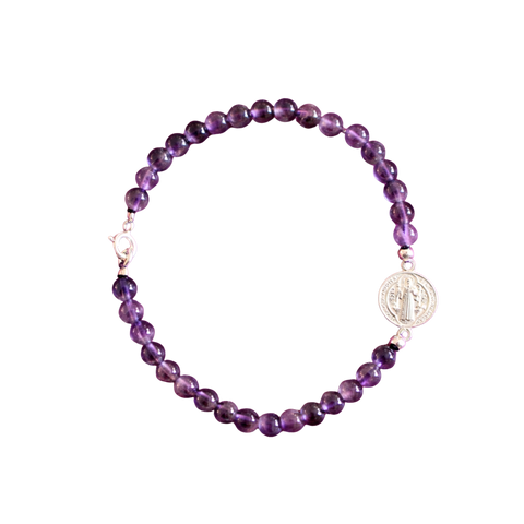 Pulsera de Amatista y San Benito en Plata de Ley 925 ACTIVADA (Protección y Serenidad Espiritual)