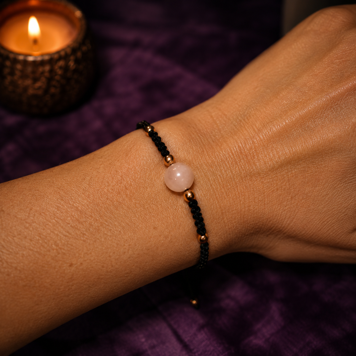 Pulsera de Cordón con Esfera de Cuarzo Rosa (Amor, Calma y Equilibrio Emocional)