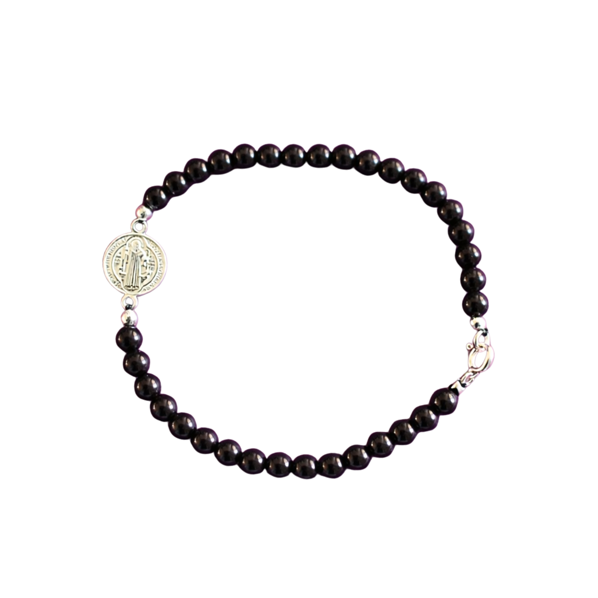 Pulsera de Ónix Negro y San Benito en Plata de Ley 925 ACTIVADA (Protección y Fortaleza Espiritual)